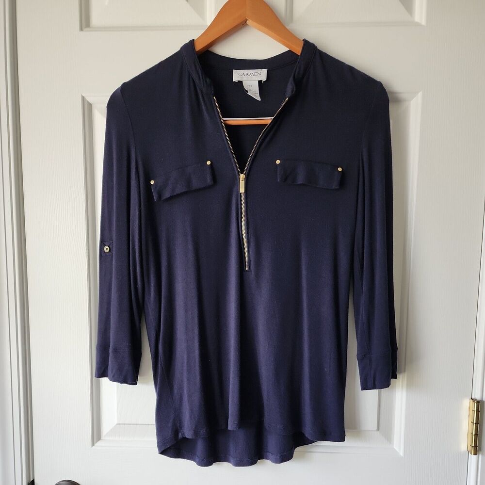 Carmen Marc Valvo Blouse Women Sz XS V-Neck Pullover Shirt 1/2 Zip Blue